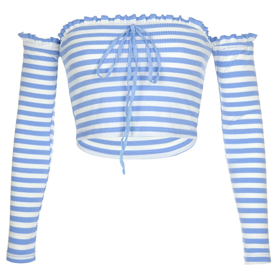 Blue and white striped one-shoulder T-shirt