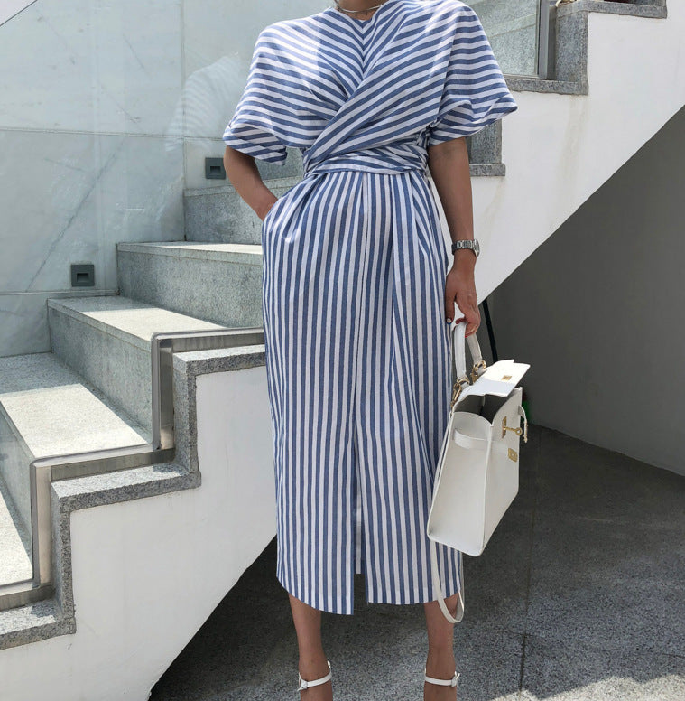 Striped cross-tie dress with front slit skirt for Women