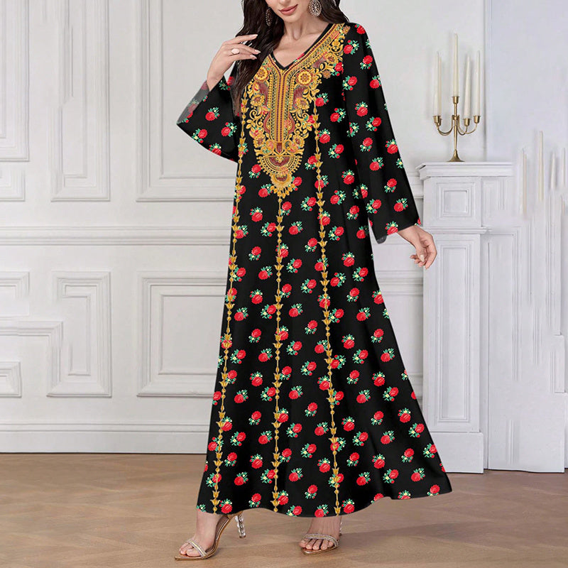 Ethnic Maxi Dress - Bohemian Embroidered Floral Print V-Neck Retro Long Dress
