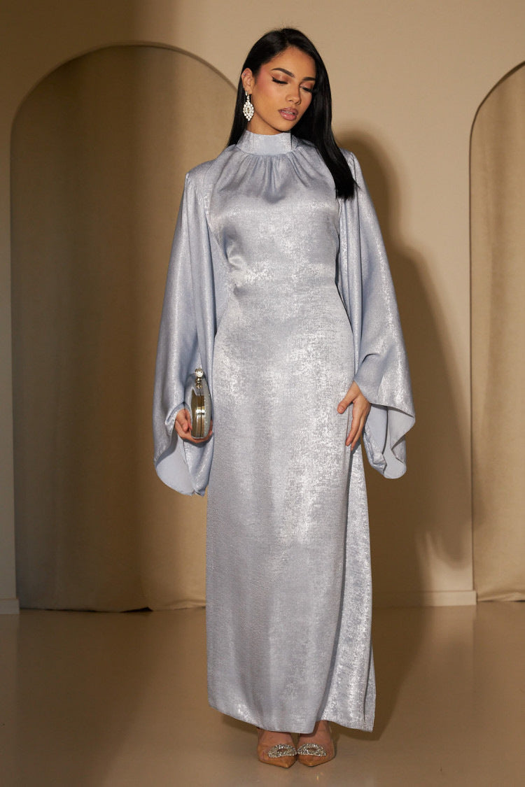 Elegant Metallic Shimmer Satin Maxi Dress Women's Fashion Stitching Dubai Turkey Elegant Dress