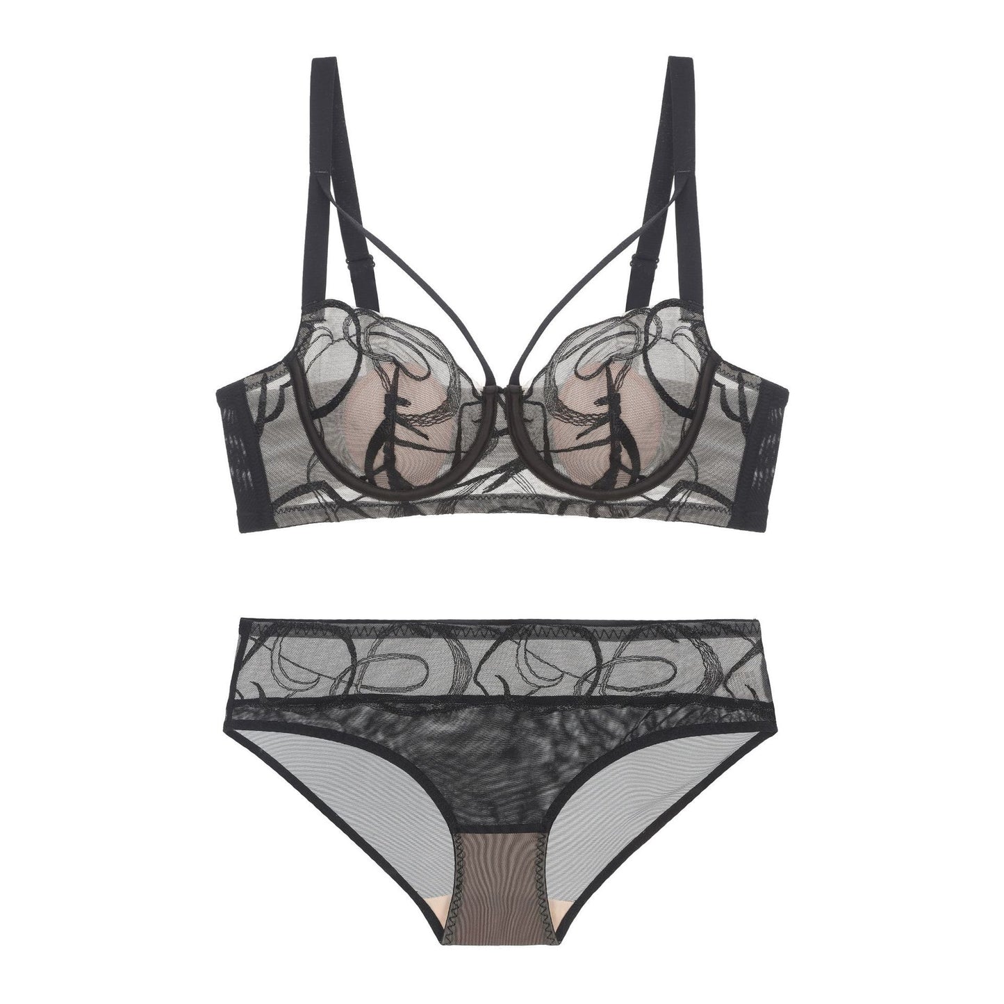 Abstract Embroidery Lingerie Set - Sheer Mesh Underwire Bra & Panty French Embroidery Suit Bra