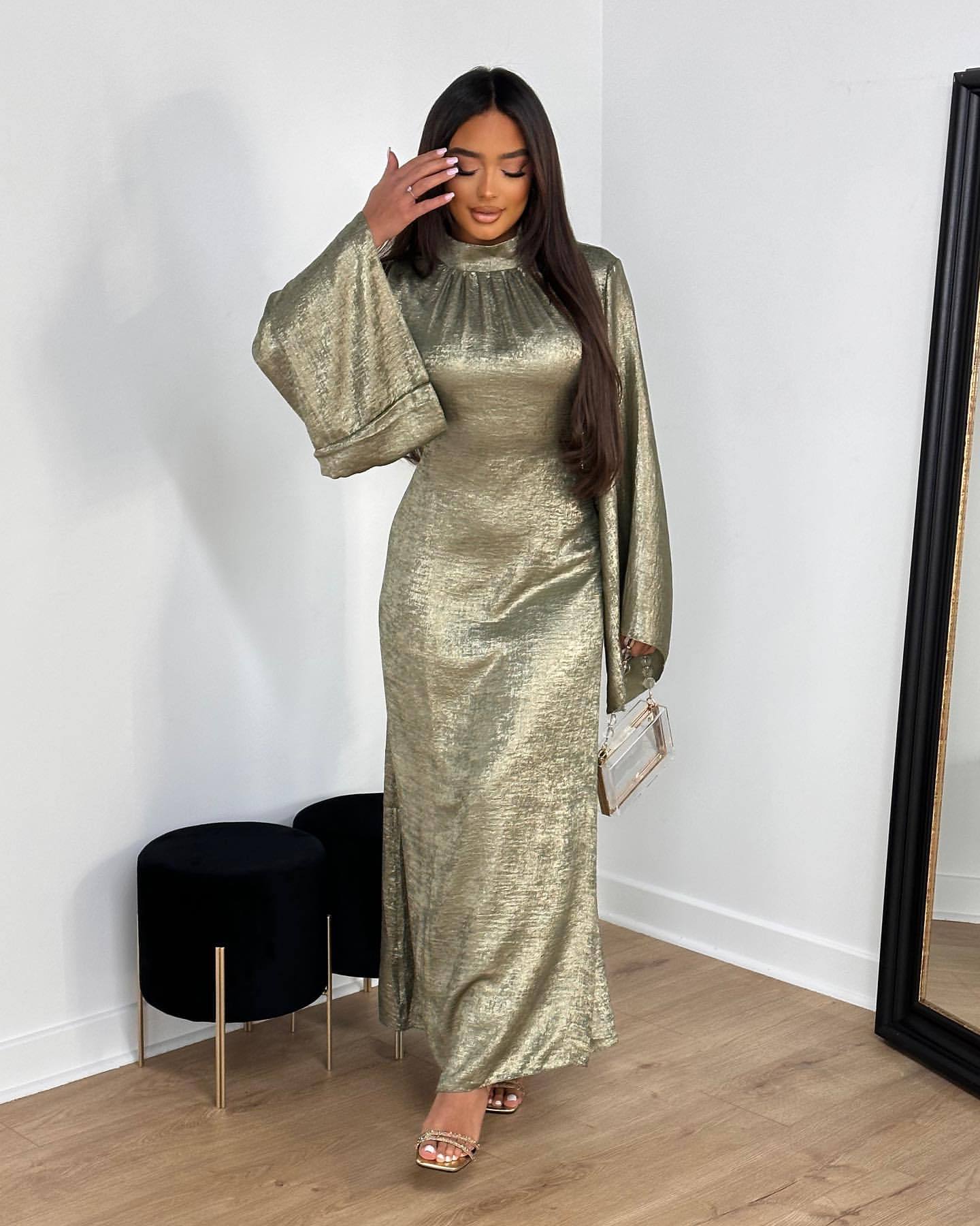 Elegant Metallic Shimmer Satin Maxi Dress Women's Fashion Stitching Dubai Turkey Elegant Dress