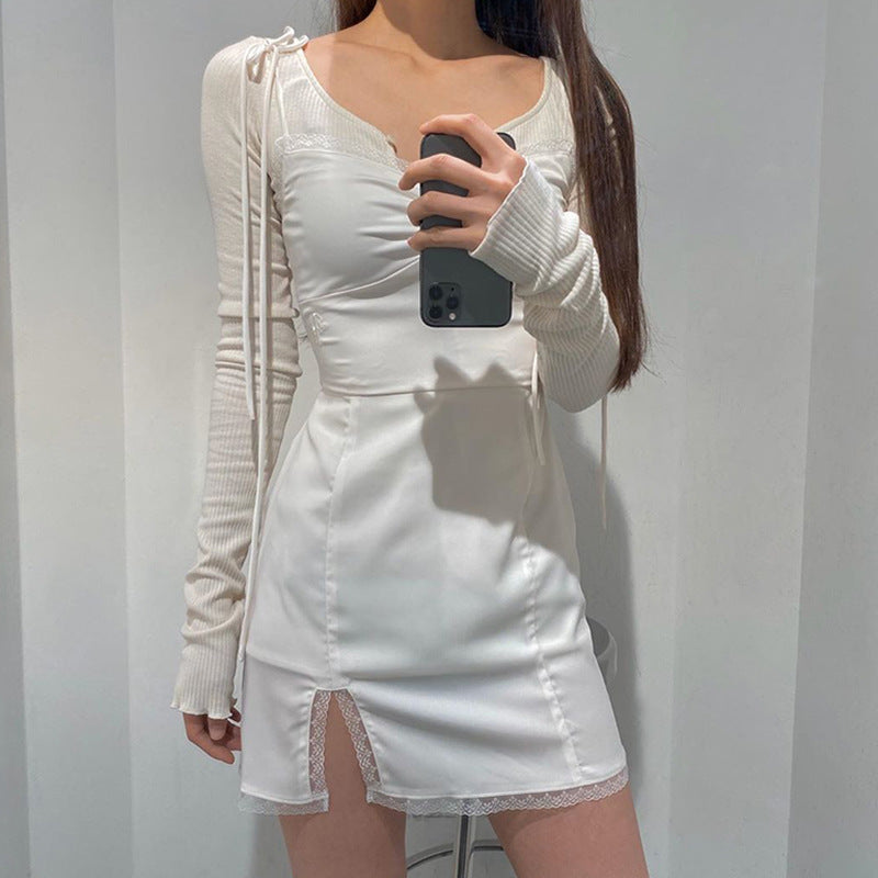 Square collar lace satin split dress