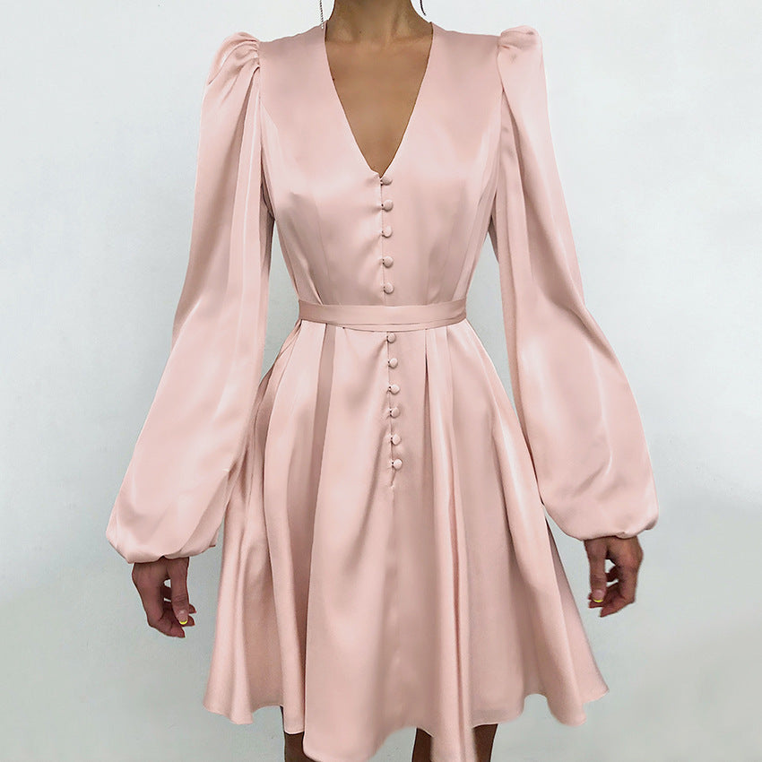 Elegant Pink Satin Mini Dress | V-Neck Puff Long Sleeve Satin Satin V-Neck Temperament Slim Dress