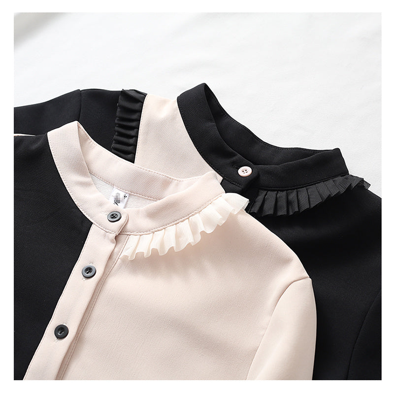 Elegant Two-Tone Ruffled Blouse - Beige & Black Korean style contrast lace long sleeve top