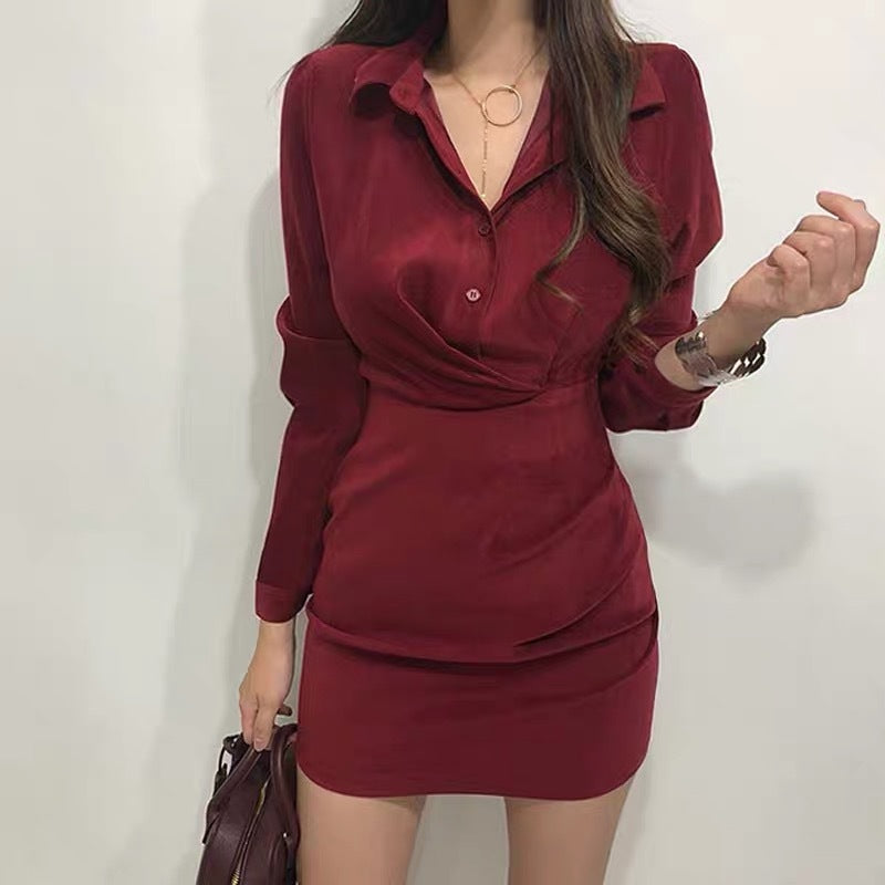 Versatile Button-Up Wrap Front Mini Dress Retro Waist Slim Dress