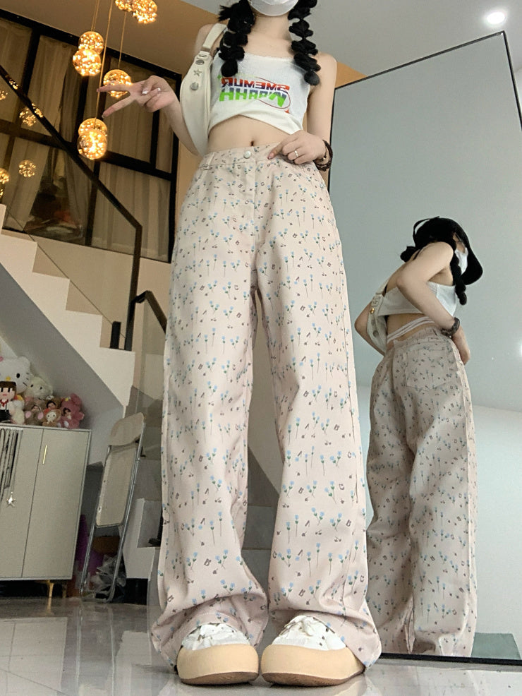 Pastel Floral Wide-Leg Pants – Soft, Flowery & Feminine Vibes Hong Kong Style Floral Jeans For Women