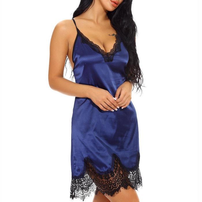 Silky Satin Lingerie Dress with Eyelash Lace Sexy Criss Cross Back Long Dresses Baby dolls