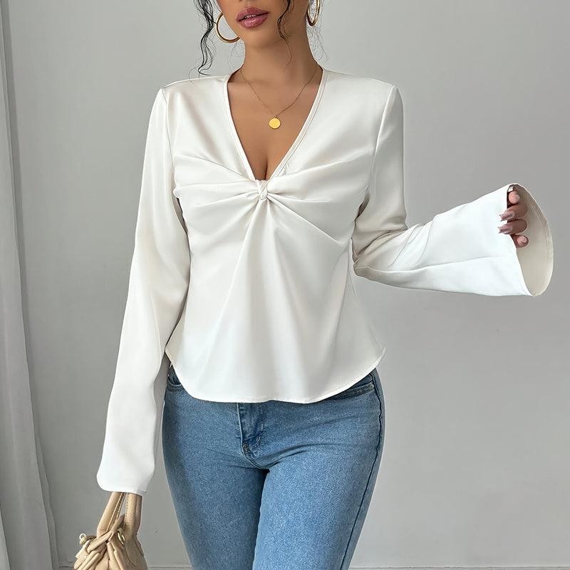 Elegant Solid Color V-neck Ruffled Front Flared Sleeve Shirt