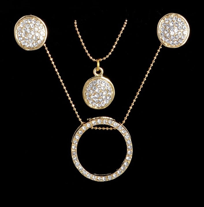Elegant Gold Plated Rhinestone Jewelry Set Crystal Pendant Necklace & Earrings Set Women's