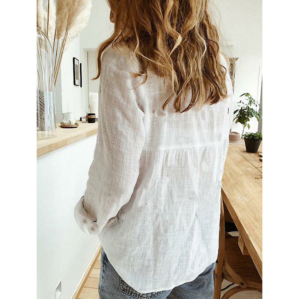 Solid Color Casual Loose Long Sleeve Linen Shirt For Women's