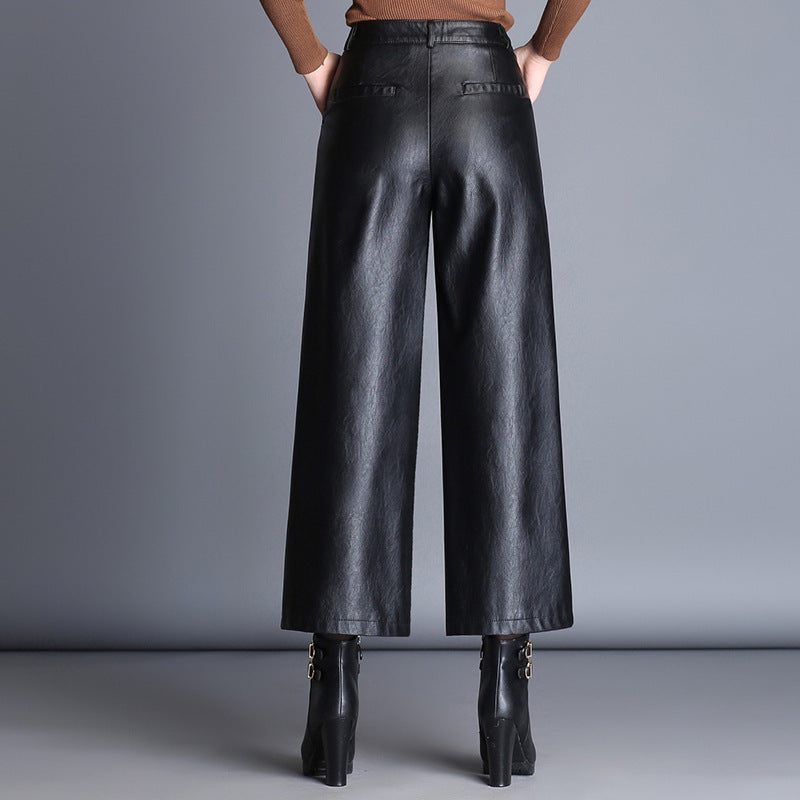 Classic Black Plus Size Loose Women Casual Leather Pants