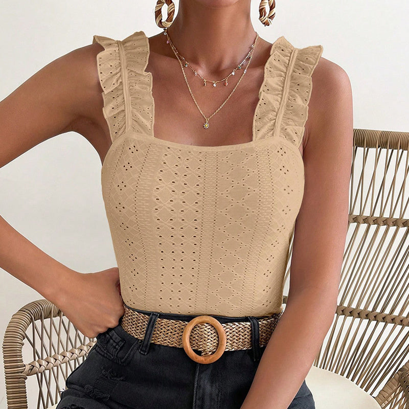 Ruffle Shoulder Square Neck Ribbed Knit Tank Top | Fitted Sleeveless Cami Women's Sleeveless Tank Tops Ruffle Strap Square Neck Eyelet Blouse Slim Fit