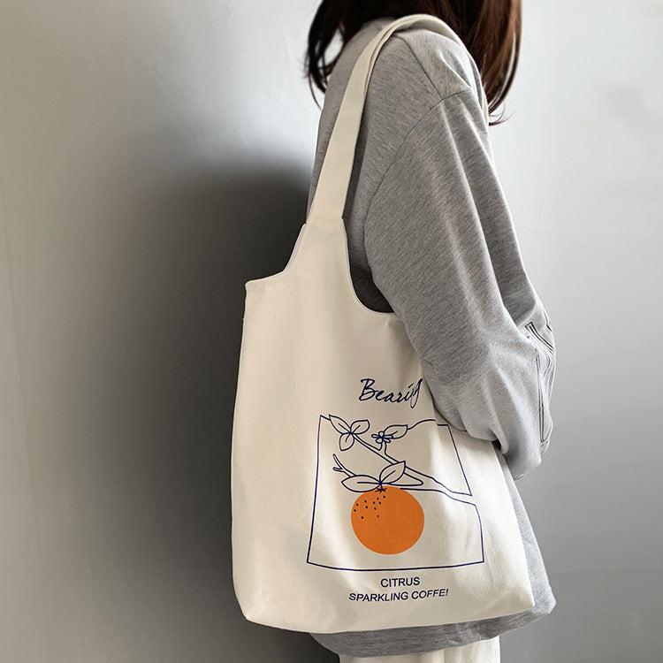 Canvas Tote Bag with Orange Print Korean Bag