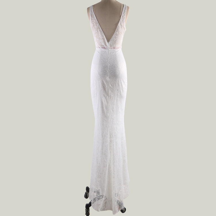 Deep V Sexy Lace Backless Sexy Party Dress Sleeveless White Trailing Dress
