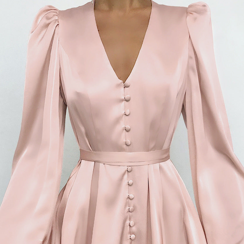 Elegant Pink Satin Mini Dress | V-Neck Puff Long Sleeve Satin Satin V-Neck Temperament Slim Dress