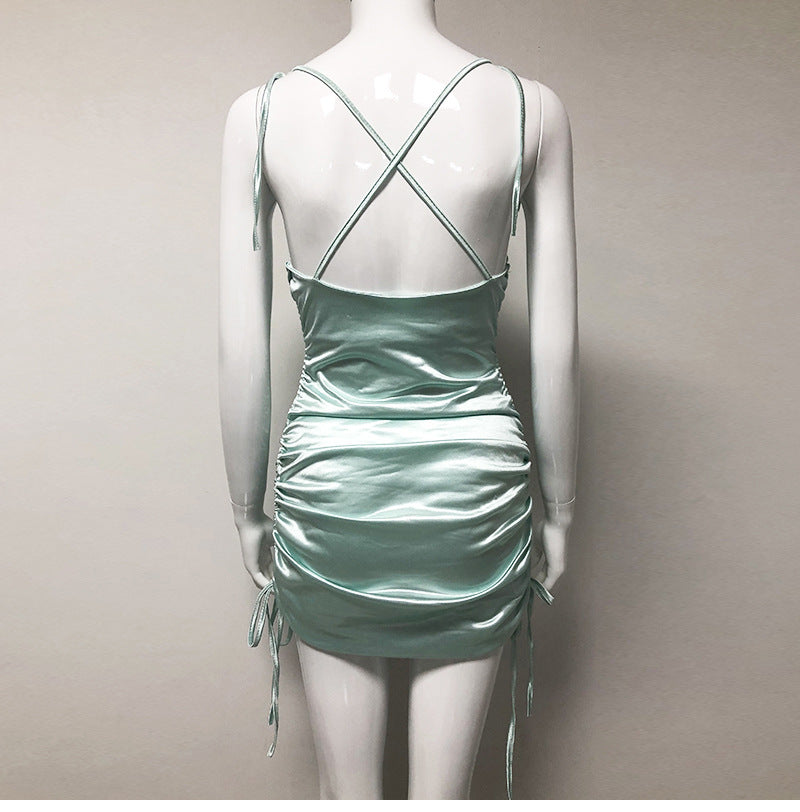 Chic Satin Cowl Neck Ruched Mini Dress with Tie Straps