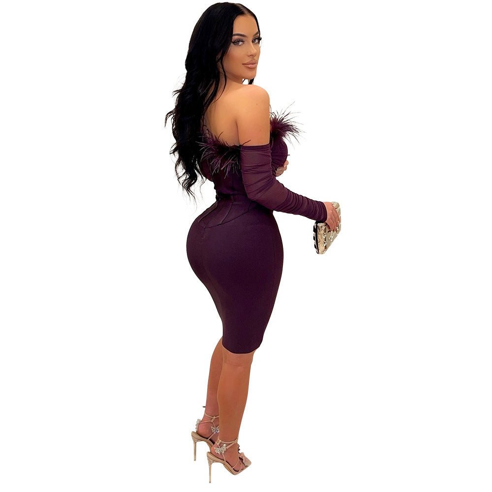 Mid-length Knitted Feather Short Bodycon Dress