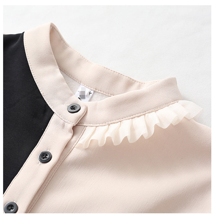 Elegant Two-Tone Ruffled Blouse - Beige & Black Korean style contrast lace long sleeve top