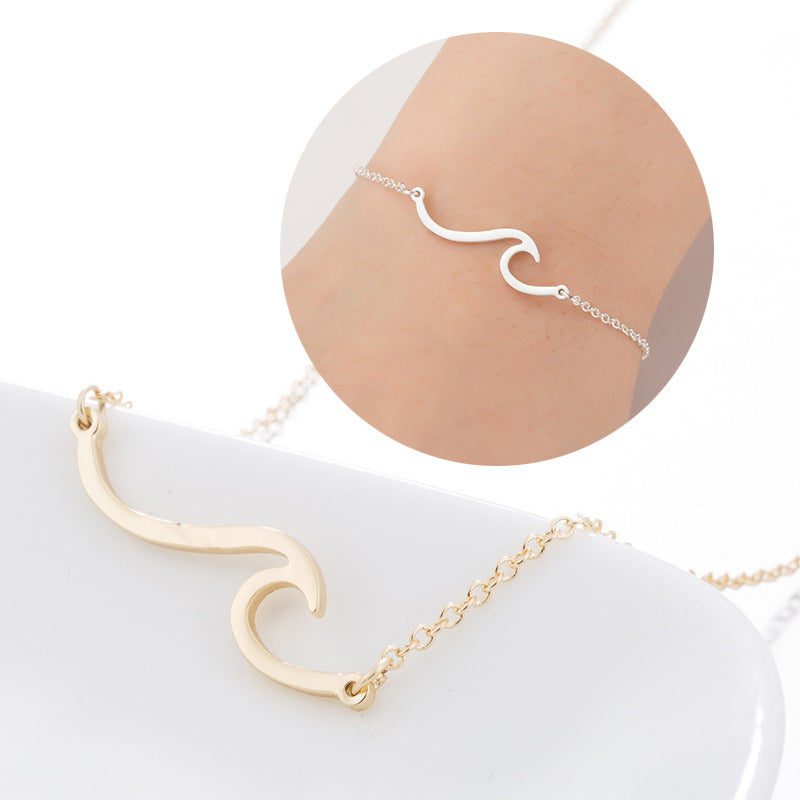 Dainty Minimalist Wave Charm Jewelry | Beach & Ocean Inspired Women's Fashion Simple Wave HAILANG Necklace Bracelet