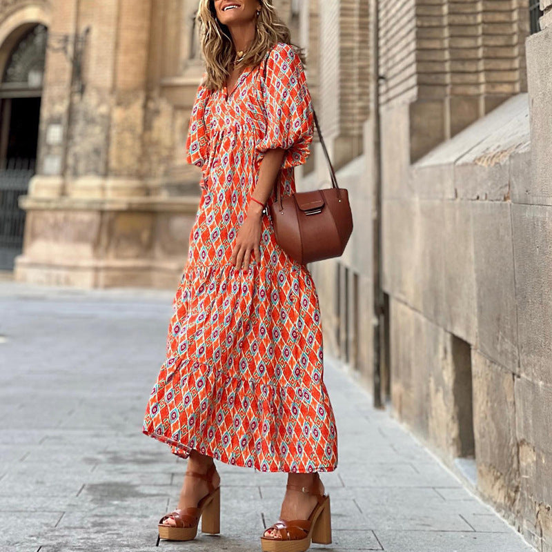 Summer Vintage Printed Bohemian Dress Elegant Ladies Casual Loose V-Neck Short Sleeve Long Dresses For Women's