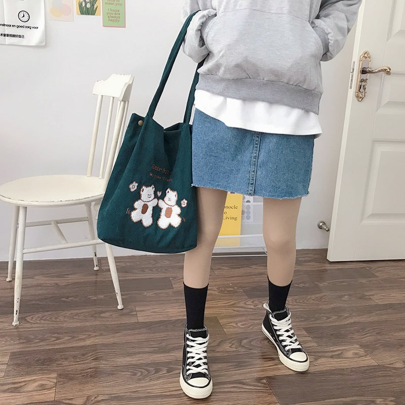 Corduroy Shoulder Bag Lucky Bears Embroidery Striped Canvas Handbag Eco Cloth Tote Cute Soft Shopping Bags For Women