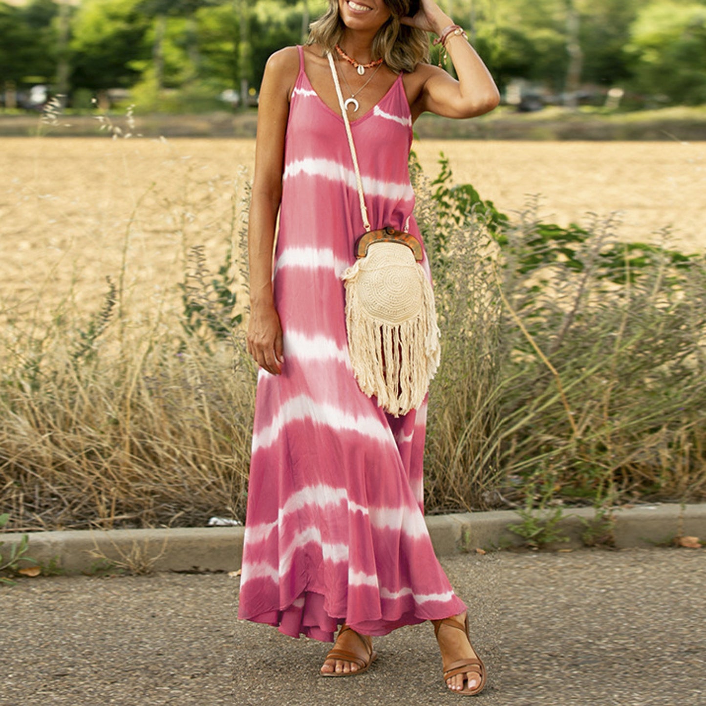 Printed Striped Plus Size Maxi Loose Dress For Women's