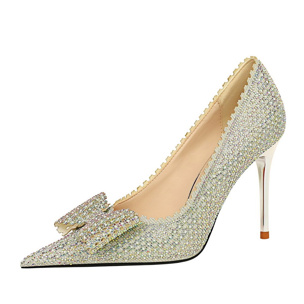 Luxury Crystal Bow Heels – Sparkle in Every Step Princess Wedding Shoes Thin High Heels Shallow Mouth For Women's