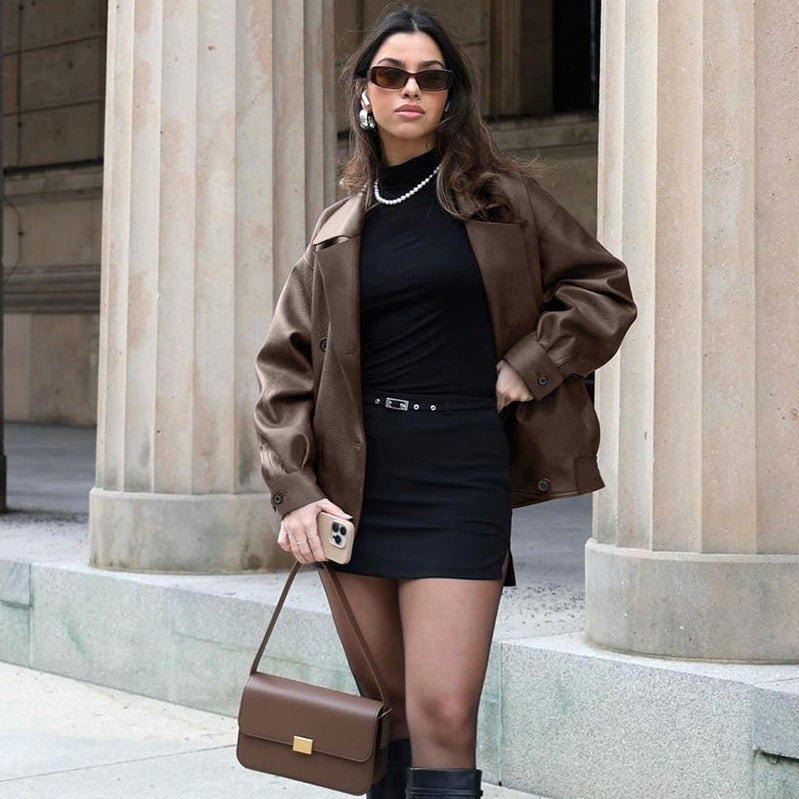 Elegant Suit Collar Loose Mid Length Leather Coat Jacket For Women's