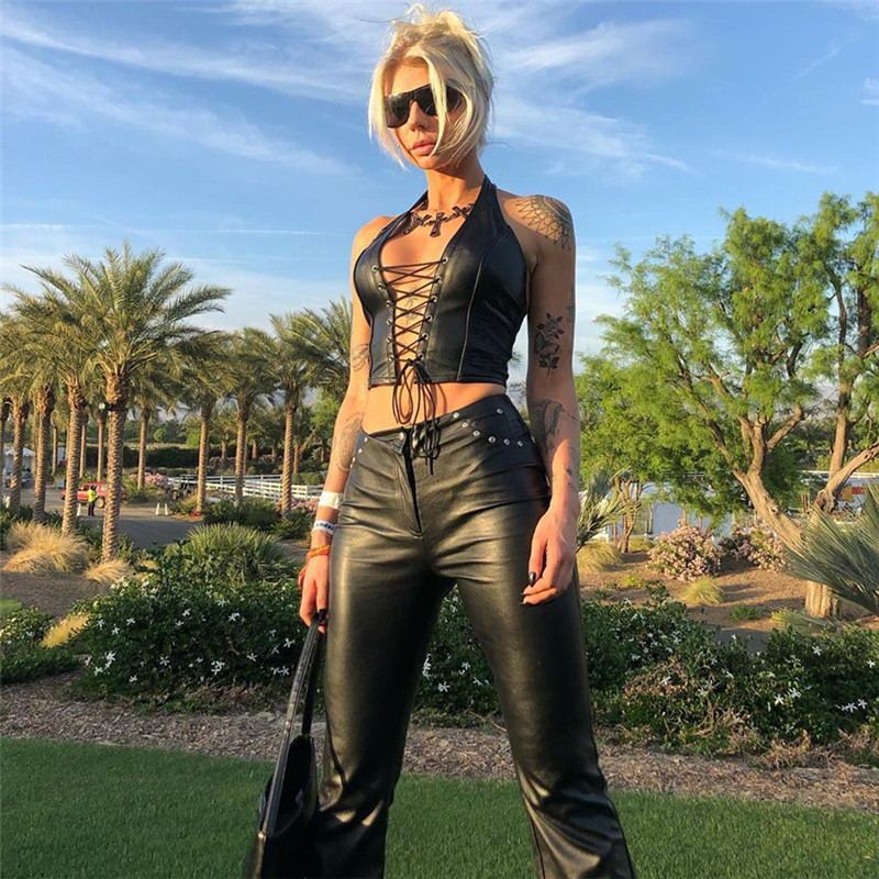 Edgy Faux Leather Lace-Up Halter Top for Women Hollow-out crop PU small vest female