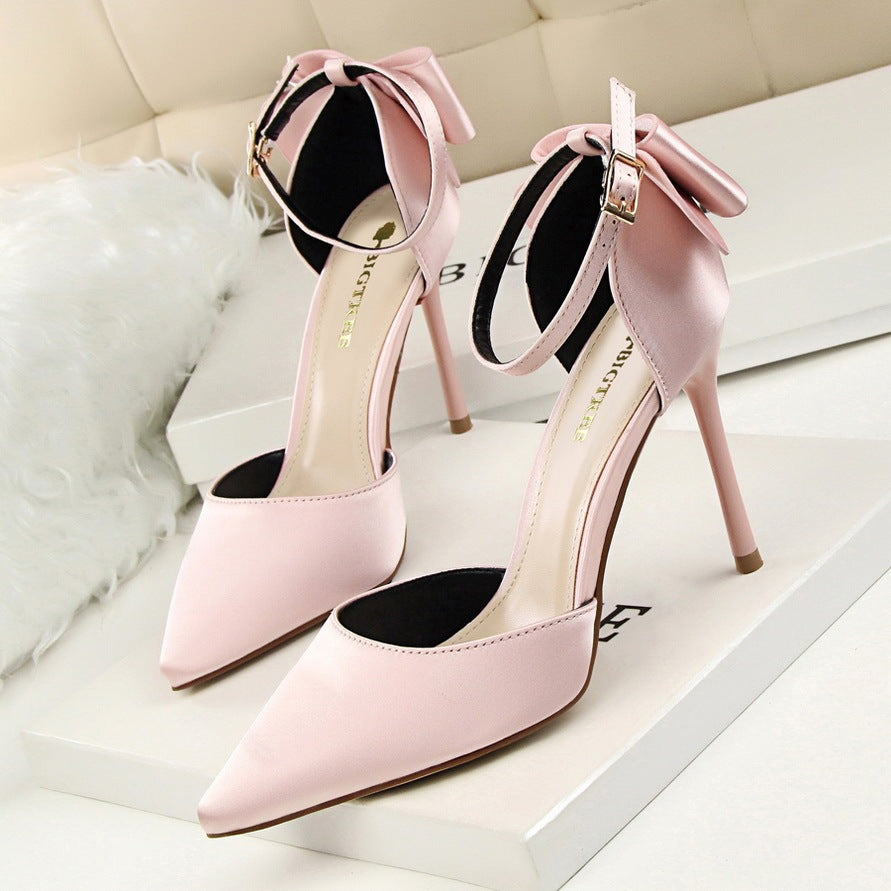 Women's Korean Version Sweet Beauty Sandals Thin High Heels Shallow Mouth Pointed Silk High Heels Pointed satin stiletto high heels