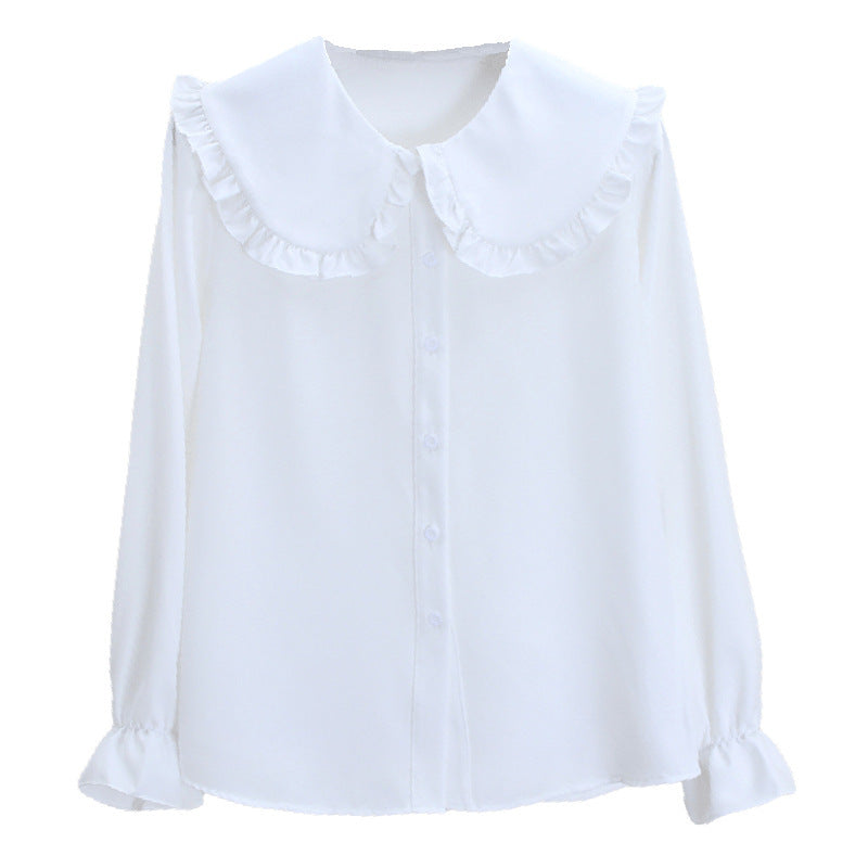 Adorable Ruffled Collar Blouse - Pink & White Loose Korean Style Doll Collar Top Coat