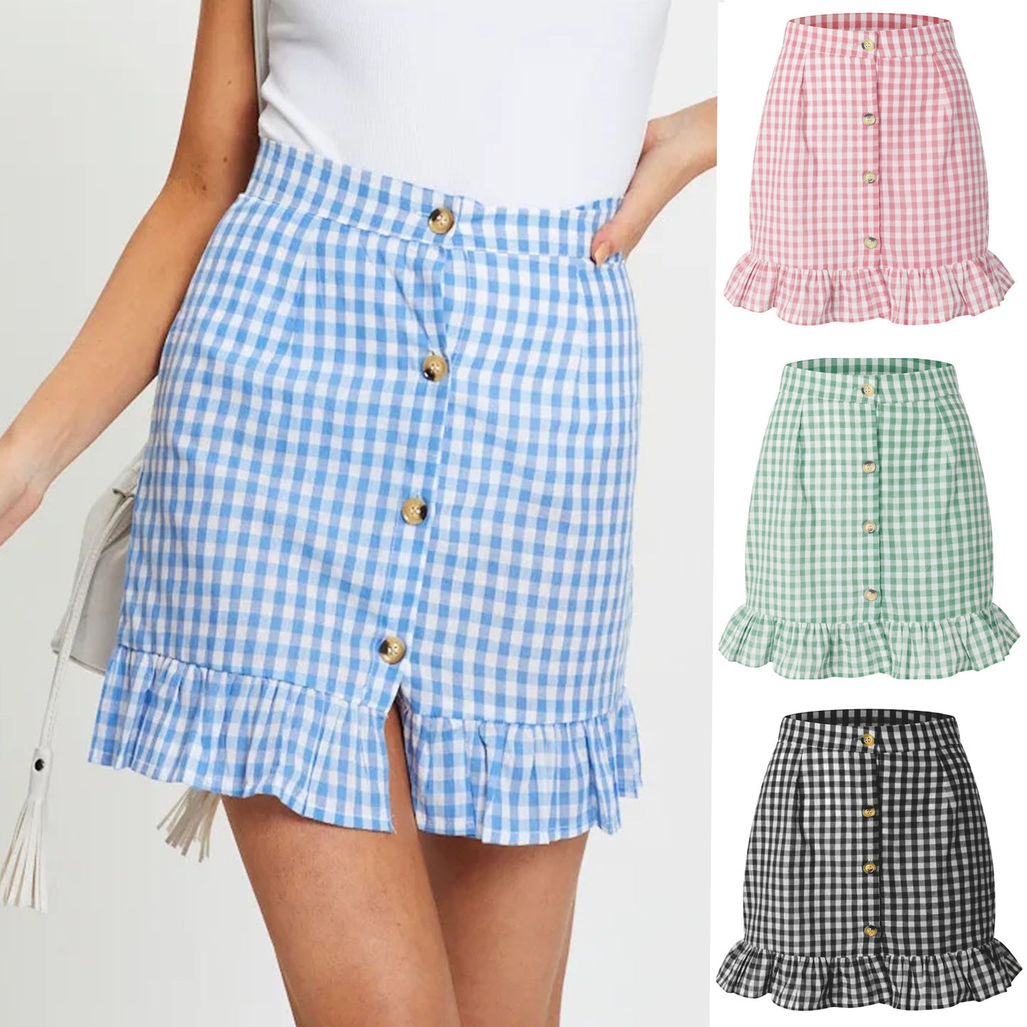 Plaid Lotus Leaf High Waist Skirt For Women's