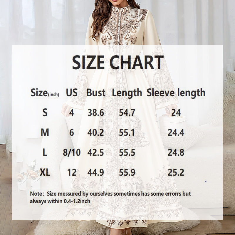 Vintage High-Neck Floral Maxi Dress Loose Long Sleeve, Adjustable Waist Belt, Middle Eastern Inspired Holiday Dress Ankle-Length Gown