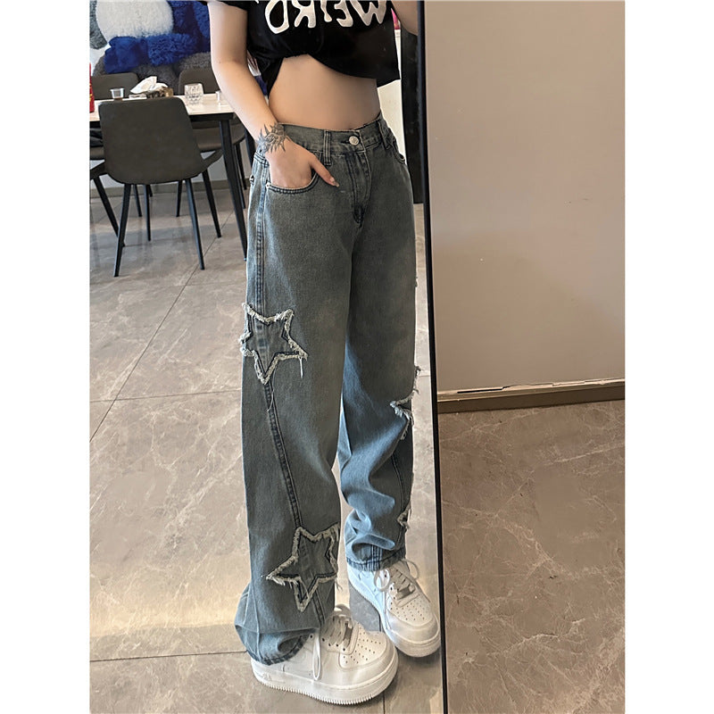 Distressed Star Patch Jeans – Urban Grunge Denim Statement Blue XINGX Embroidered Jeans Women Loose Straight-leg Wide-leg Pants