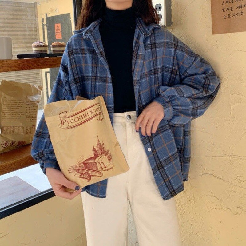 Cozy Plaid Oversized Shirt - Multi-Color Options Korean Style Loose Mid-Length Cardigan Top