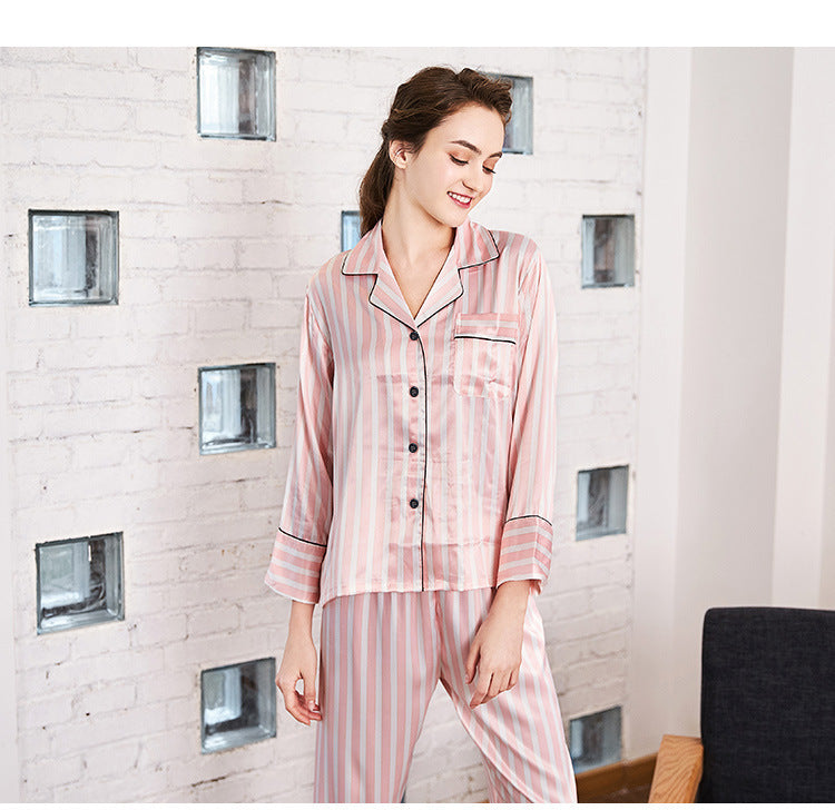 Premium Satin / Silk-Look Pajama Set with Stripe Detail Silk home pajamas set