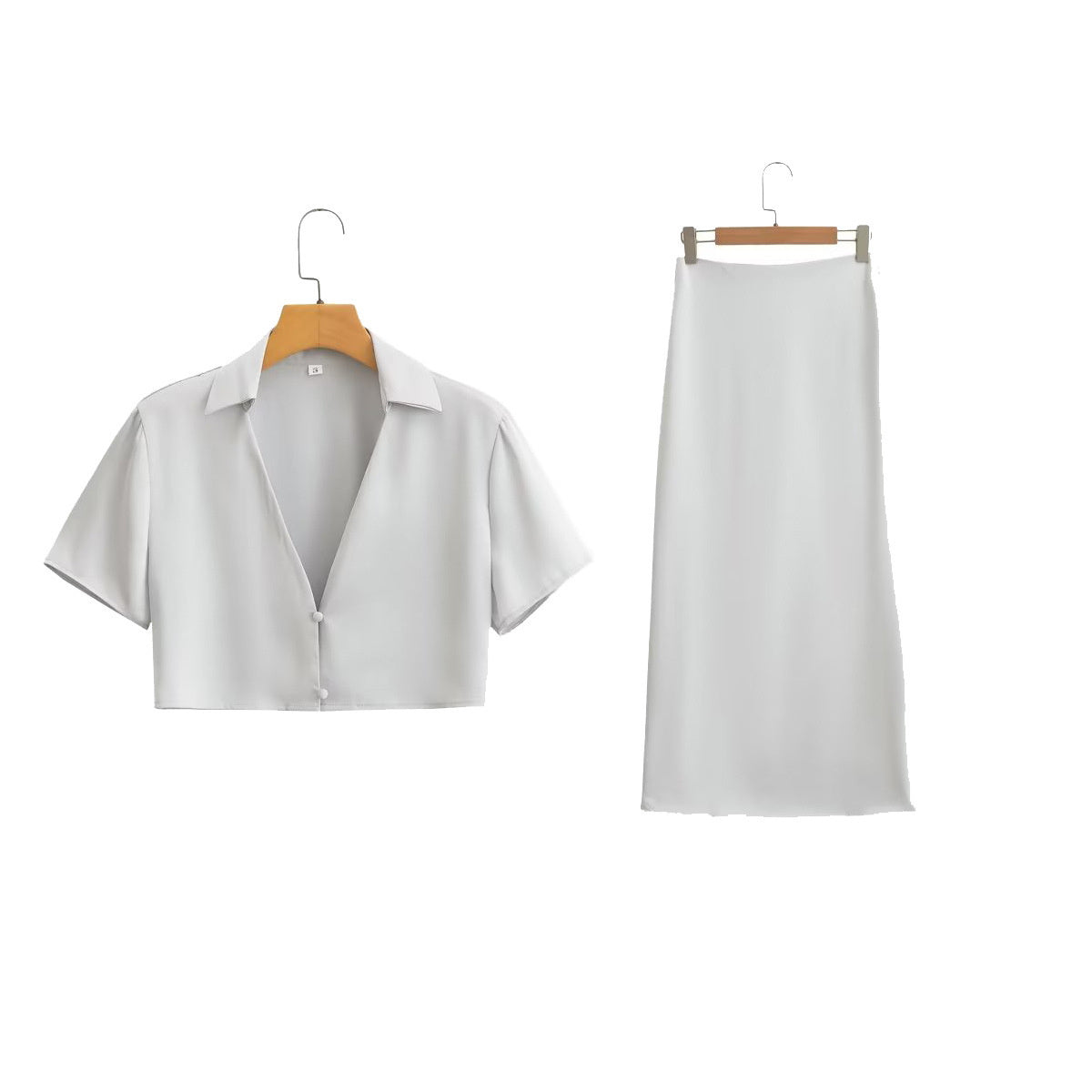 New Silk Satin Short Sleeve Shirt Skirt Suit For Women