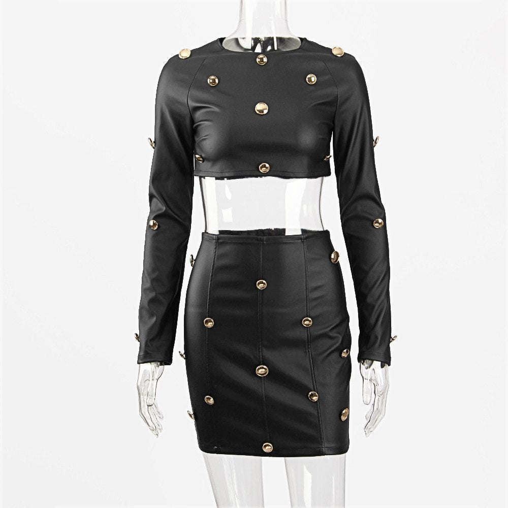 Black Faux Leather Studded Two-Piece Set – Long Sleeve Crop Top & Mini Skirt Long Sleeve Crop Skirt Two-Piece Dress Sexy Fashion Casual