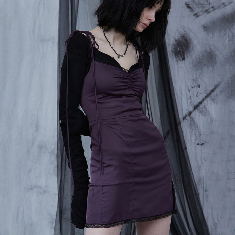 Square collar lace satin split dress