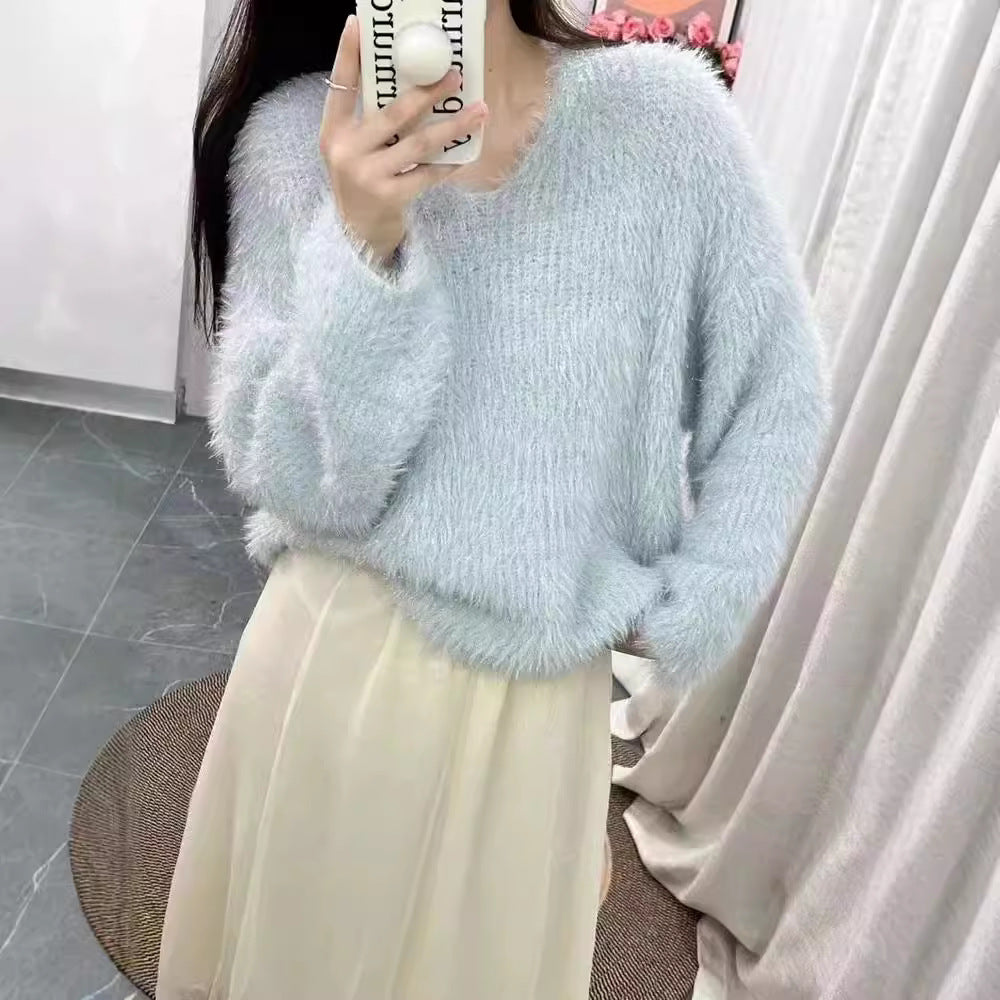 Soft Fluffy Sweater - Multi-Color Options Korean Style Simple V-neck Knitted Pullover Top
