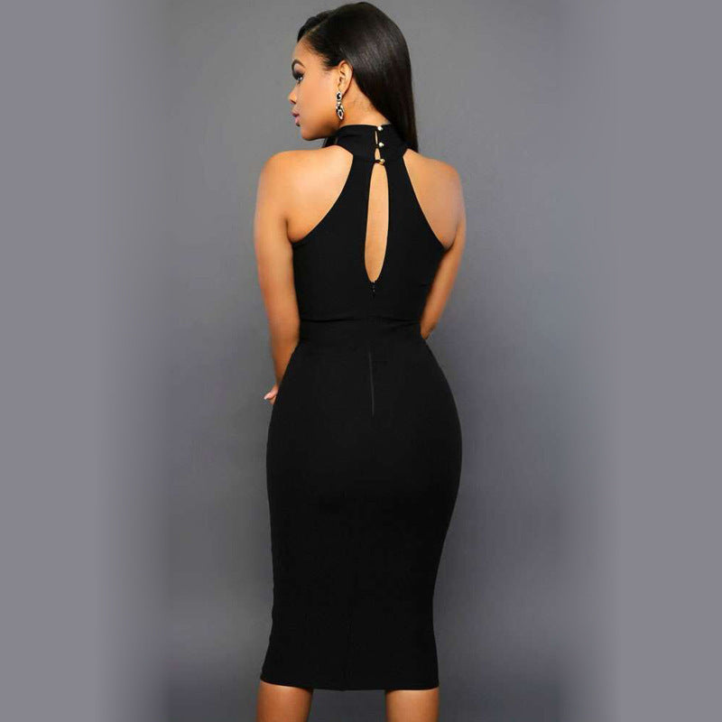 Chic Black Mesh Cut-Out Midi Dress Women Sleeveless Bodycon Dress