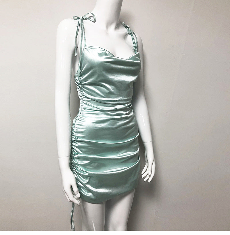 Chic Satin Cowl Neck Ruched Mini Dress with Tie Straps