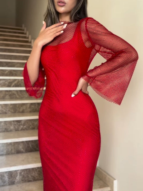 Sexy Red Mesh Long-sleeved Two-piece Maxi Bodycon Dress For Women's