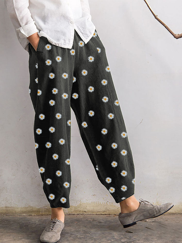 Bloom Ease Linen Pants – Daisy Drop Crotch Comfort Daisy Print Pants