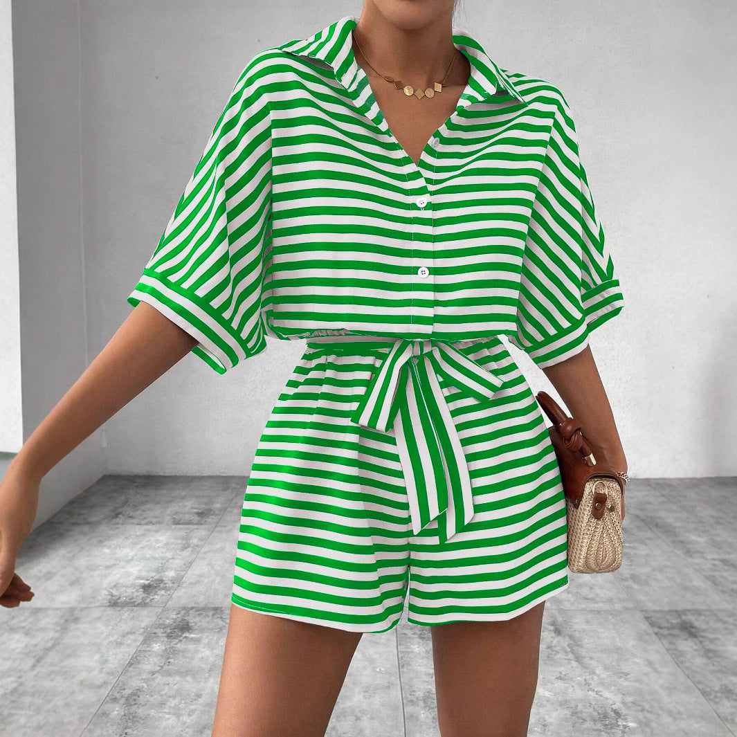 Striped Lapel Cardigan Button Half Sleeve Belt Shorts Suit Jumpsuit For Women's