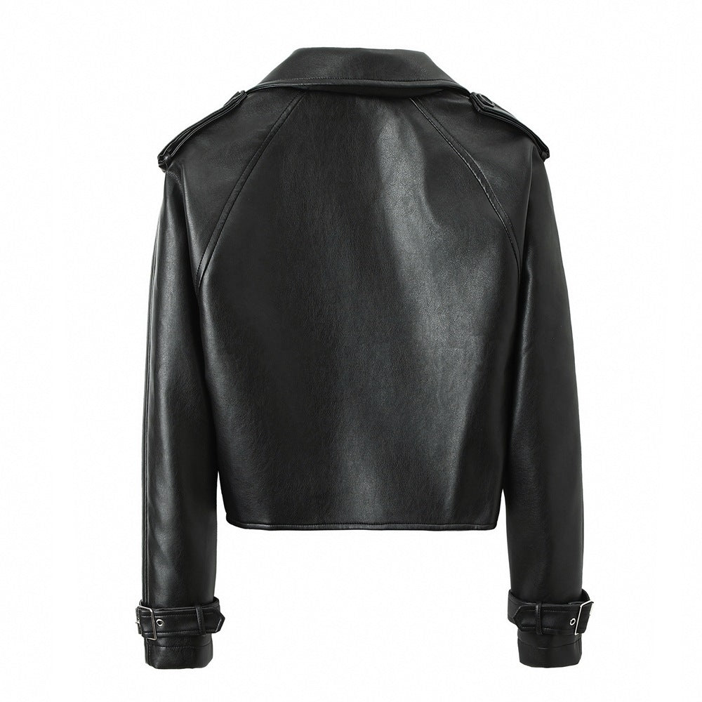 Solid Color Casual Loose Fit Leather Jacket For Women's