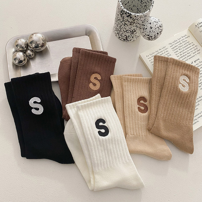 Embroidered S-letter Cotton Sweat-absorbent Autumn And Winter Socks Women's