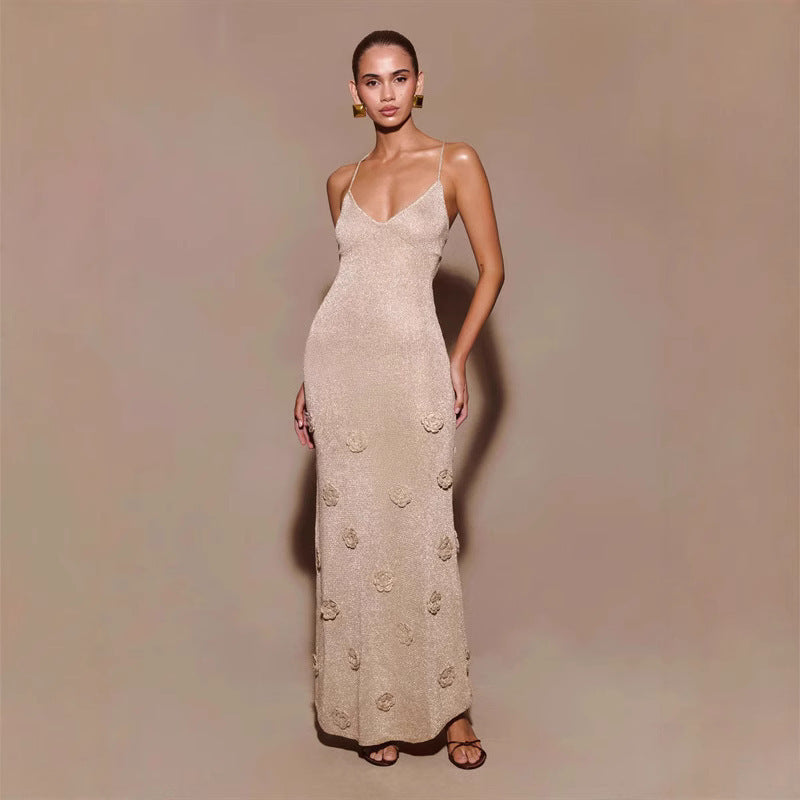 Knitted Flowers Suspenders Dress Crochet Glitter Bodycon Dresses For Women