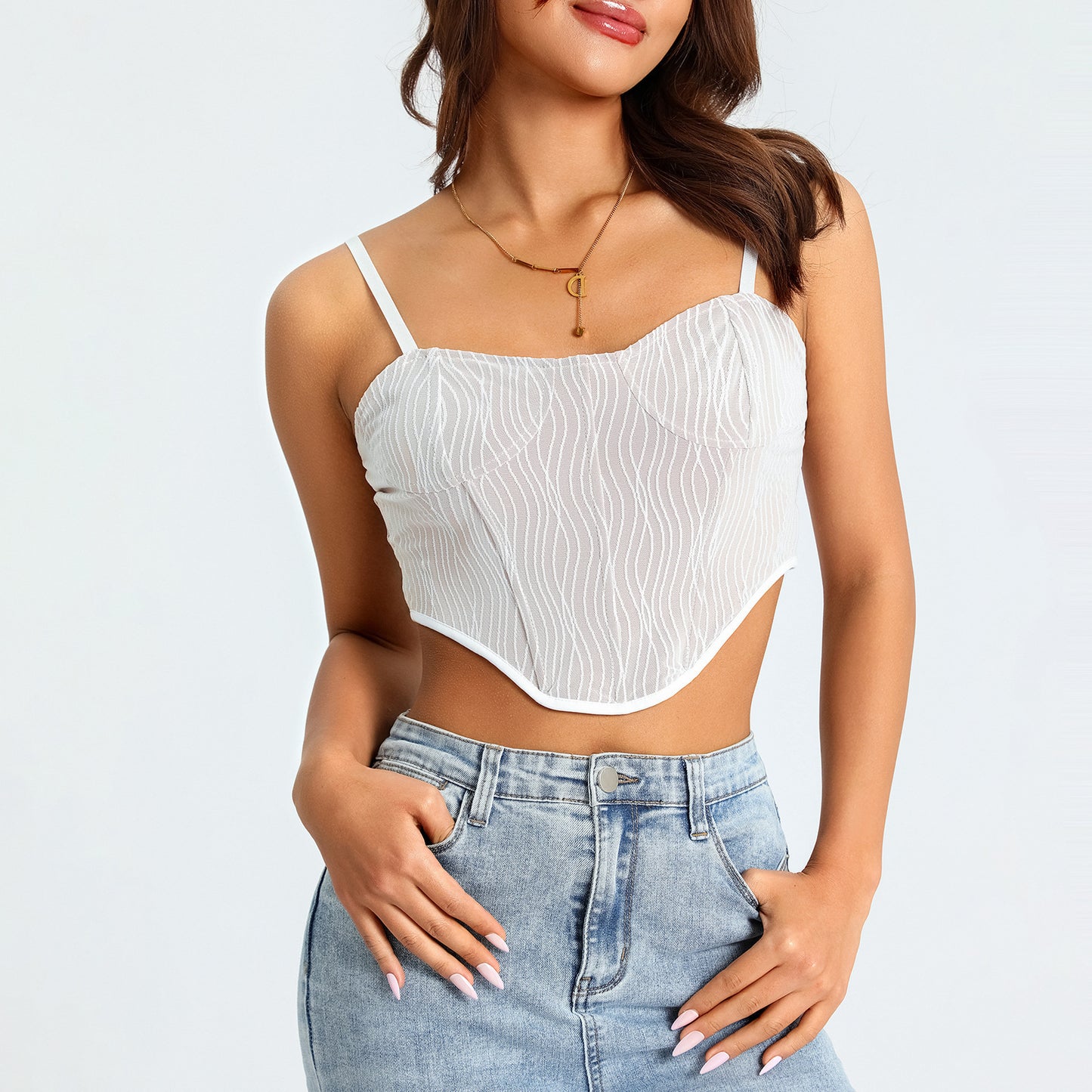 Trendy Ruched Mesh Bustier Crop Top with Boning Detail Hot Girl Top Camisole Women